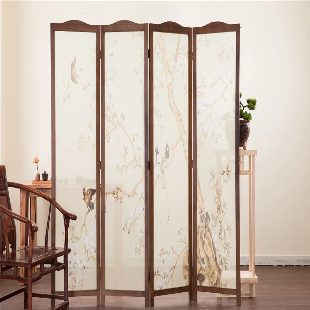 
Wooden Screen Room Divider 4 Panel Neo-Chinese Style Solid Wood Folding Indoor Decoration Wooden Screen 