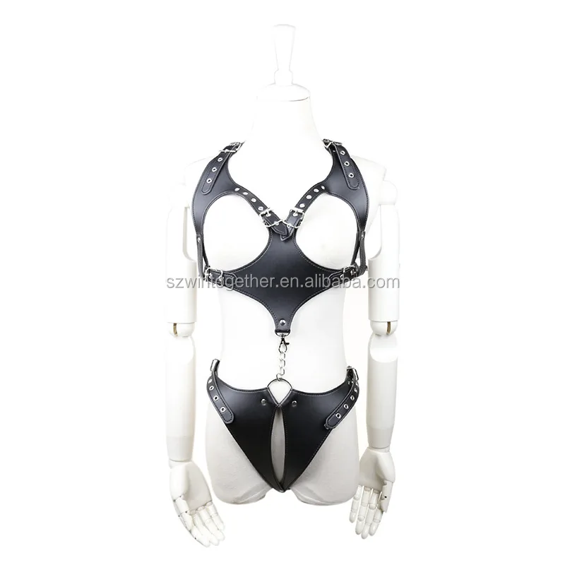 bdsm sexy black leather costume female bondage suit