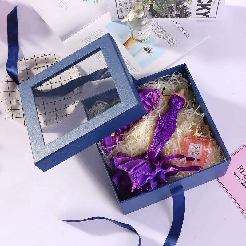 luxury custom plastic PVC window paper gift packaging box with ribbon