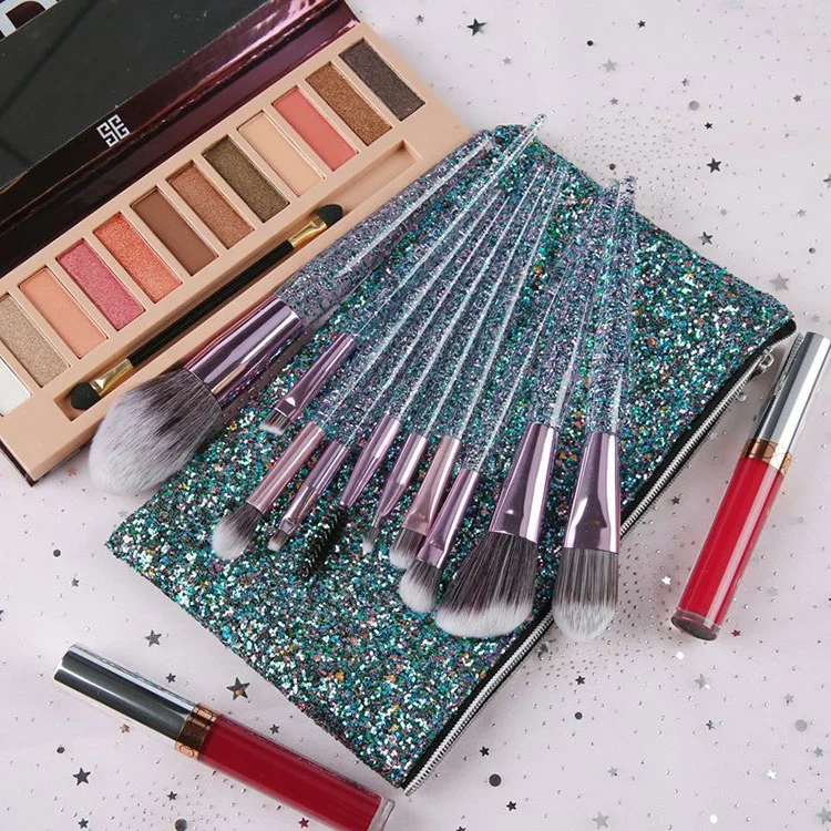 
Amazon hot sale fashion 10pcs glitter diamonds acrylic handle powder soft hair face makeup kits 