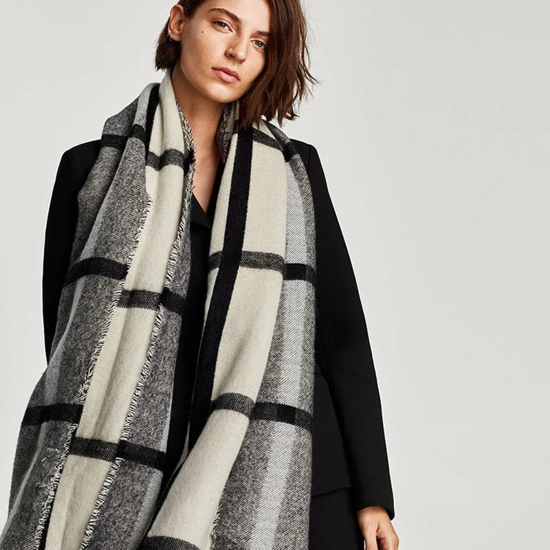 Beige color double side warm plaid check acrylic scarf