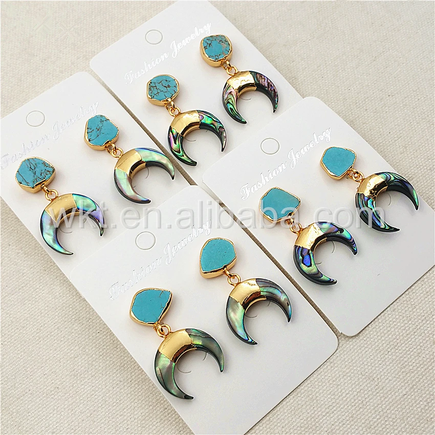 WT-E301 Newest Design Natural Abalone shell crescent horn Earring, 24k gold plated turquoise charm crescent horn earrings