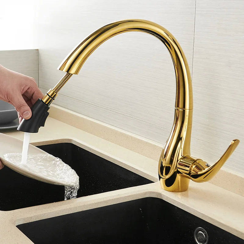 Elegant Gold Swan Style Pull Down Sprayer Single Lever Black Kitchen Sink Faucet DG-PK2009-GN