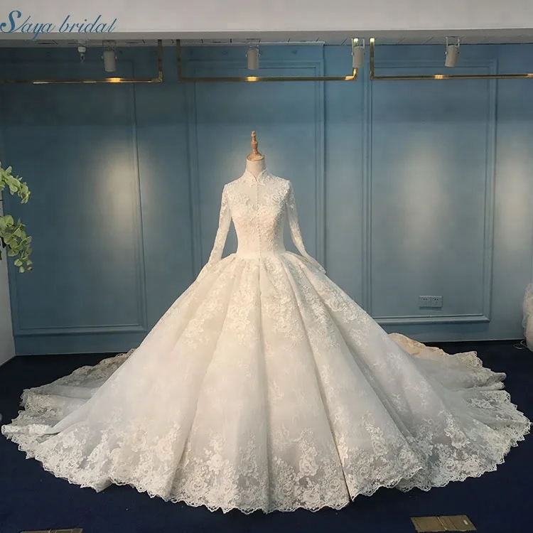 High collar lace patch 150 cm train muslim bridal wedding dress