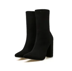 C11127a зимние популярные женские ботинки на высоком каблуке черные блочном