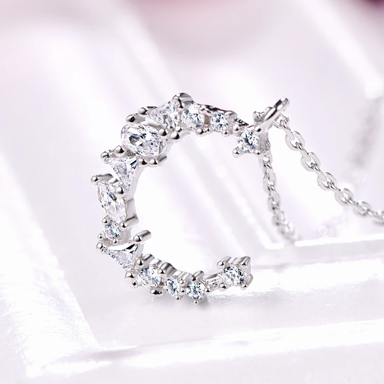 Zircon Crescent Moon Pendant Necklace for Women 925 Sterling Silver Jewelry
