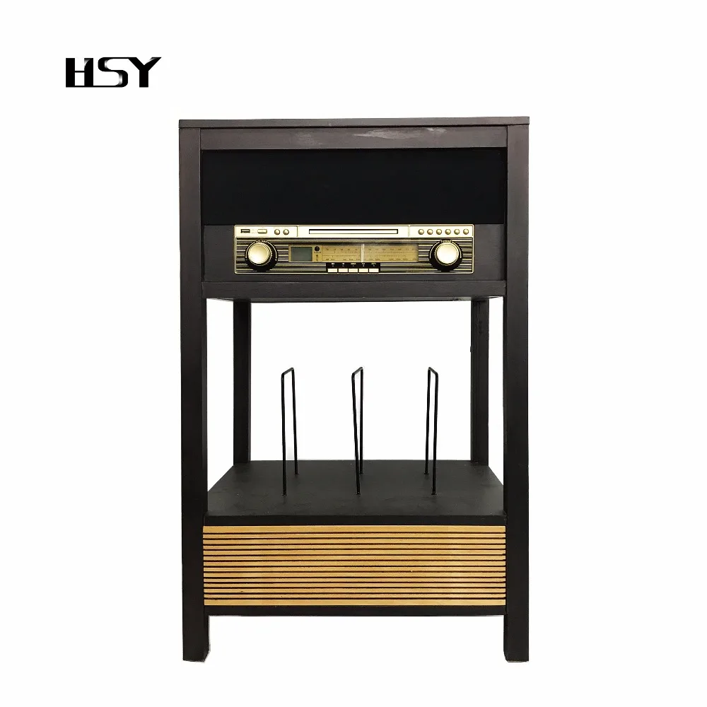 Vintage vinyl record turntable player with disc book shelf AM/FM stereo radio