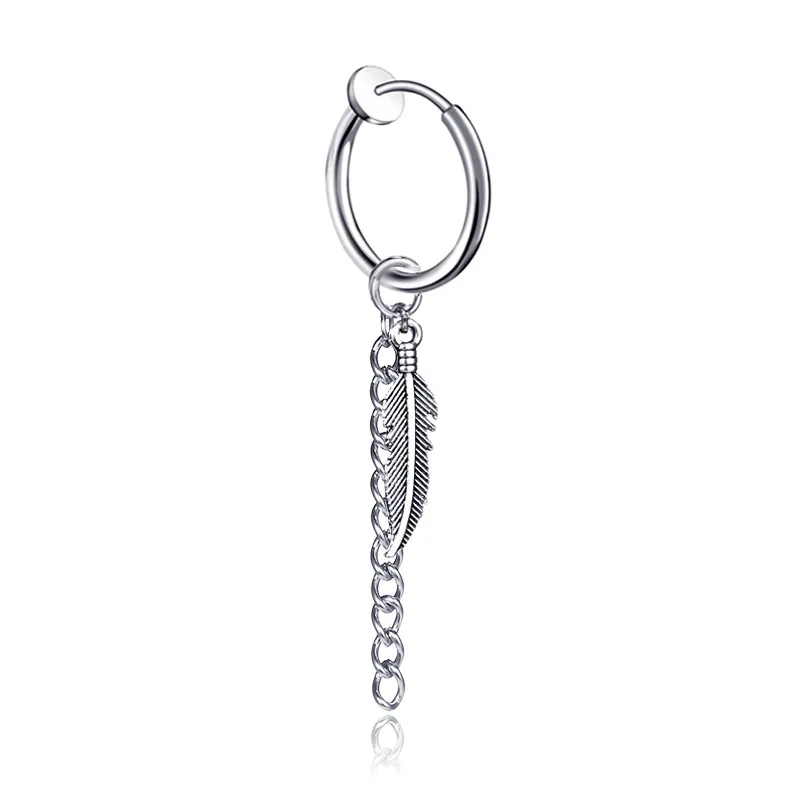 2019 Mens Tassel Chain Black White Plated Feather Stainless Steel Earring Guys Jewelry Hipster Grunge Style Punk Dagger Earrings