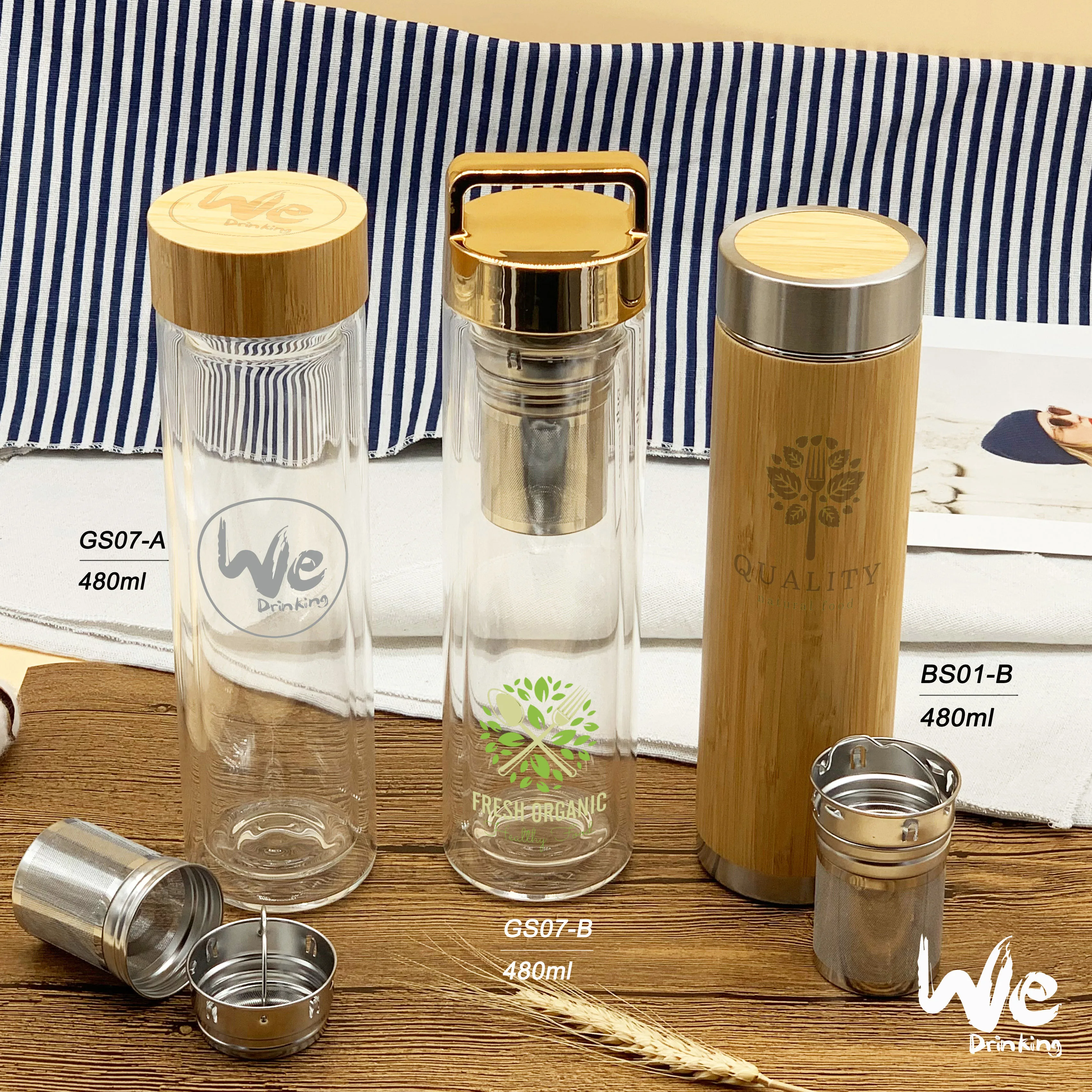 GS05-B 425ml Double Wall Insulated Borosilicate Glass Tea Infuser Bottle with Handle Lid and Strainer