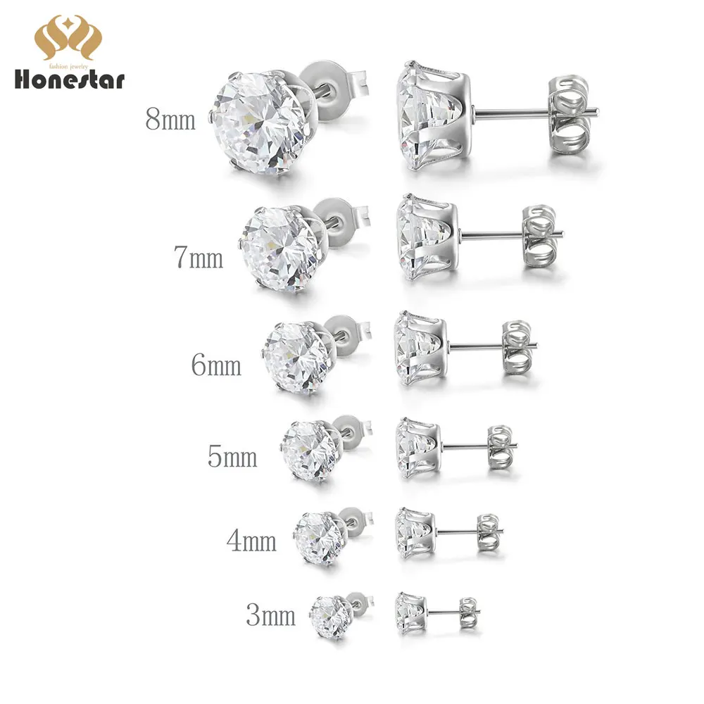 Модные серьги-гвоздики Honestar из нержавеющей стали с белым фианитом