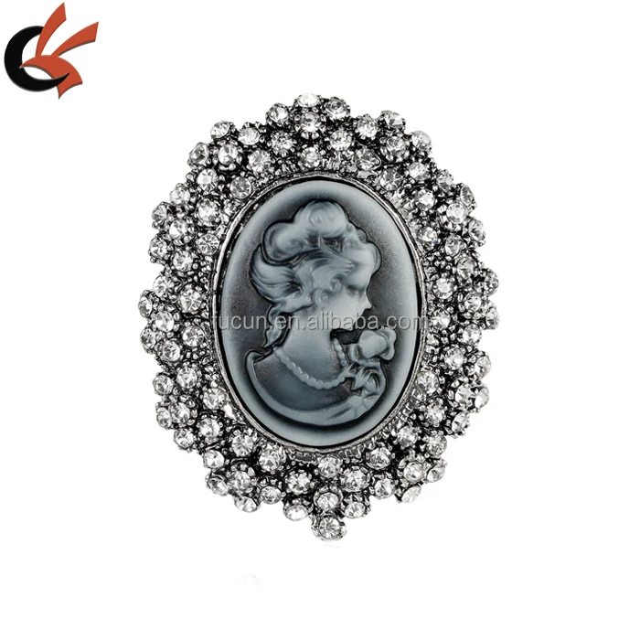 Vintage Style Cameo Lady Brooch Gold Crystals Gold Tone Broach