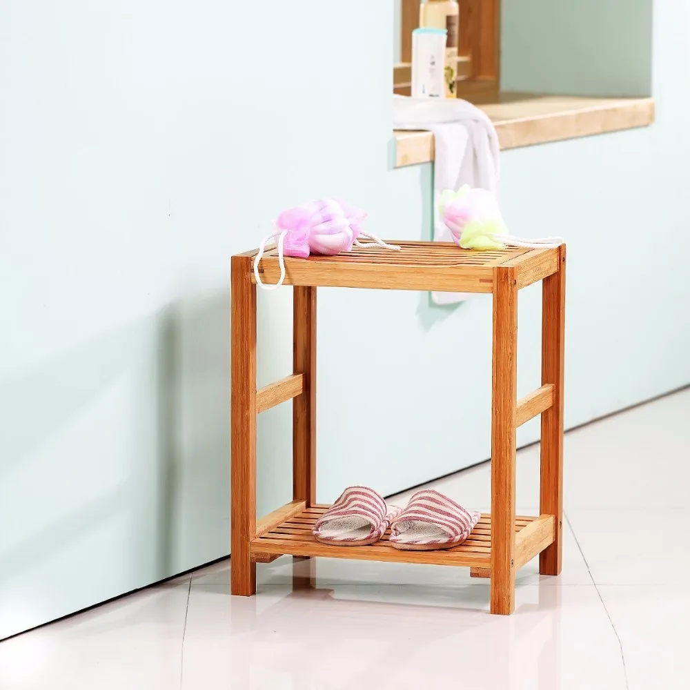 Shower Seat Bench Stool with Storage Shelf Indoor &Outdoor Bench with 100% Bamboo Bathtub