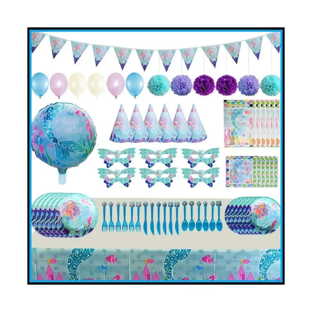 Новый продукт, набор праздничных принадлежностей «русалка», 9 дюймов, обеденные тарелки, салфетки, бумажная чашка для детей, украшение для дня рождения, оптовая продажа