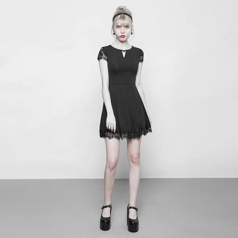 
Goth Women Dress O Neck Short Sleeve Lace Stitching Black Mini Casual Dresses OPQ-349LQF Ladies Clothing New Design PUNK RAVE 
