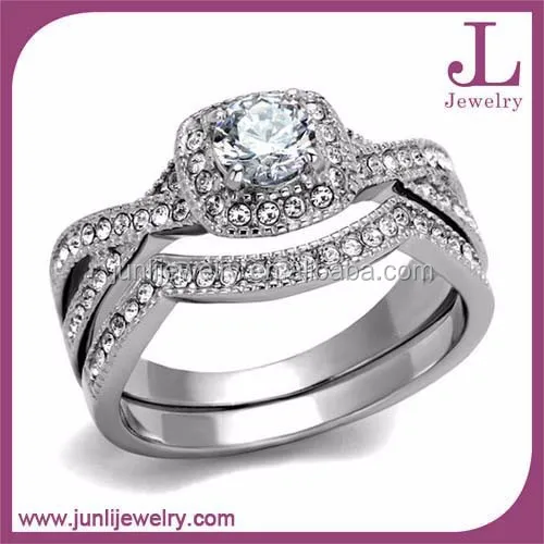 2 Pieces Diamond Ring Set Stainless Steel Fashion Engagement Wedding Ring
