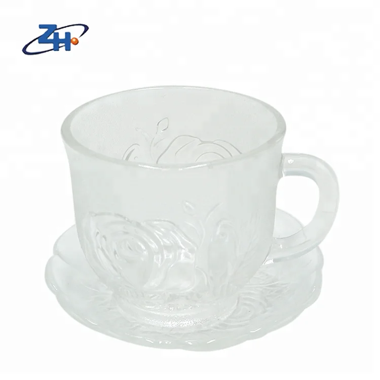 Hot sale rose embossed pattern glass coffee tea mug with saucer