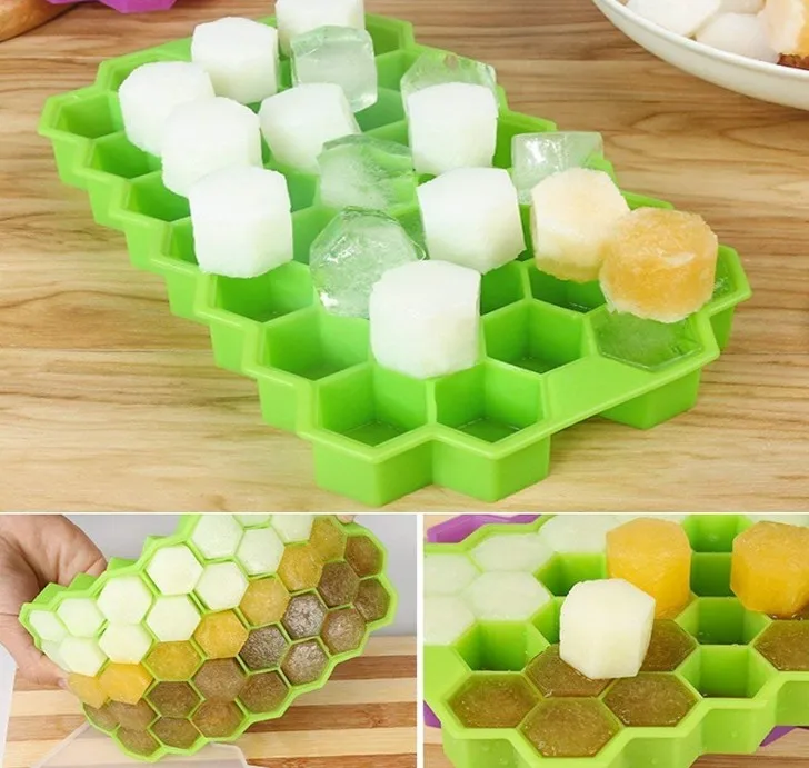 Best Selling Flexible Durable BPA Free 37 Cavities Honeycomb Shaped Silicone Ice Cube Trays with Lid