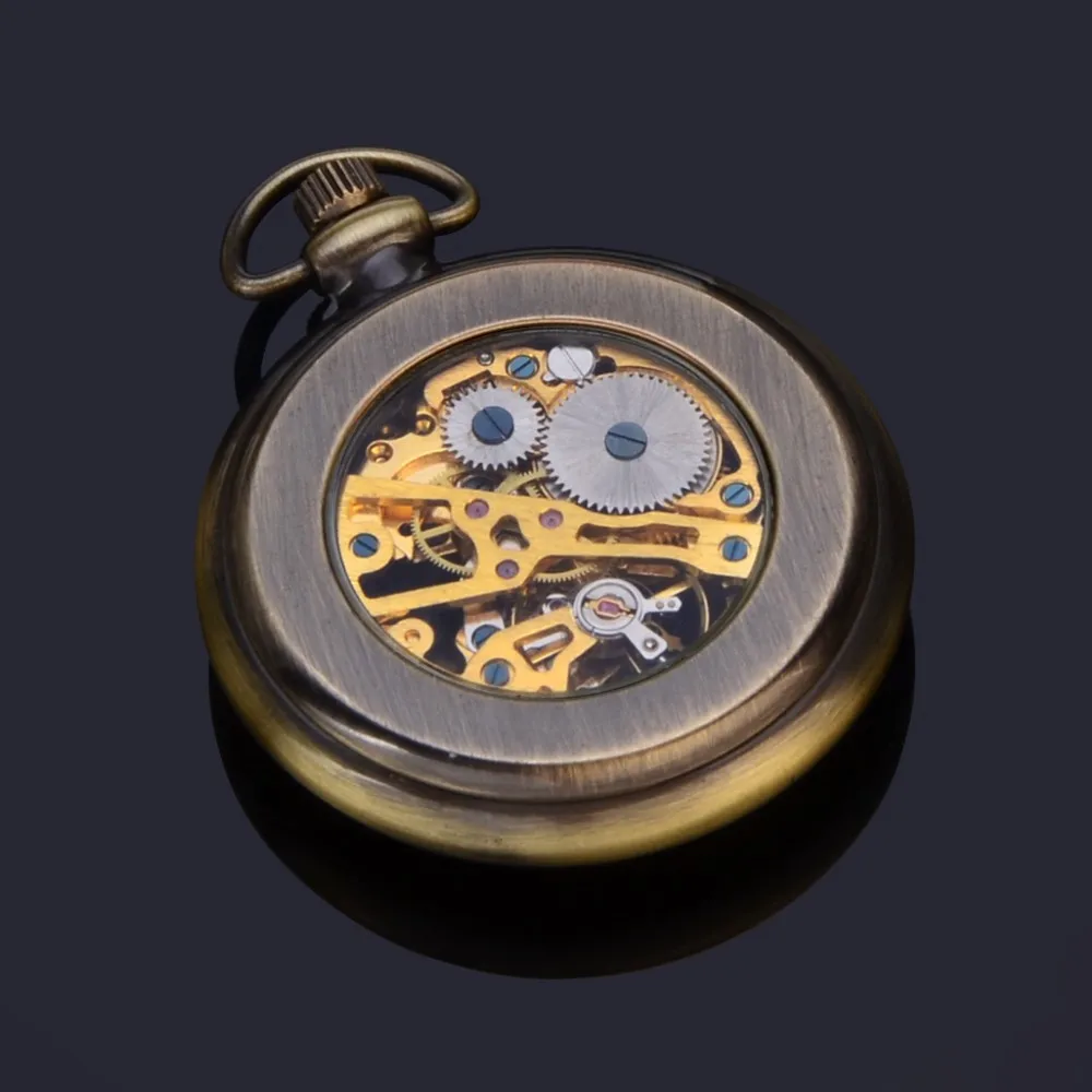 Vintage type mechanical skeleton copper bronze material for men open face Pocket Watch