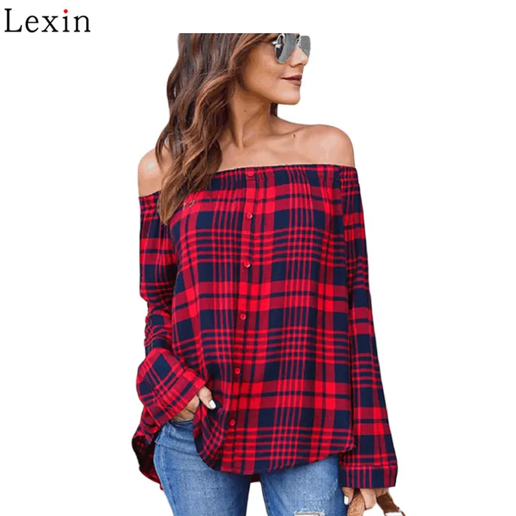 Spring Casual Cotton Strapless Plaid Loose Women Shirts Button Long Sleeve Off Shoulder Ladies Blouse With Checks