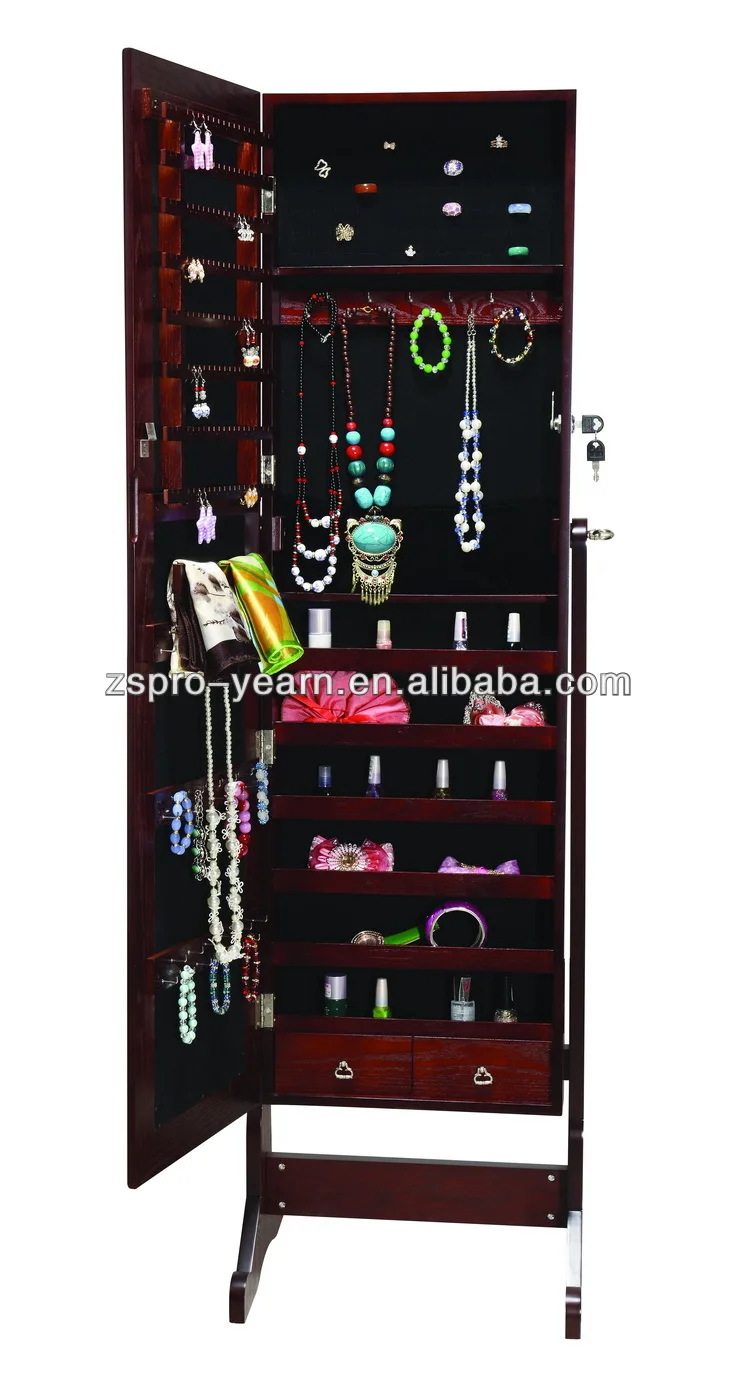 Floor Standing Lockable Wooden Storage Furniture Length Mirrored Jewelry Organizer Cabinet with Little Drawers