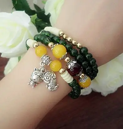Natural Green Agate Bracelets for Women Round Crystal Tiger pedant Stone Multilayer Jade Bracelet Jewelry Accessories