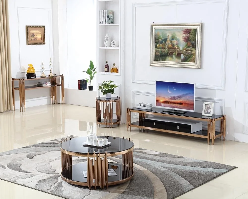 
2020 New Interior Design Modern Furniture Gold Brass Luxury Glass Top Stainless Steel Living Room Sets 