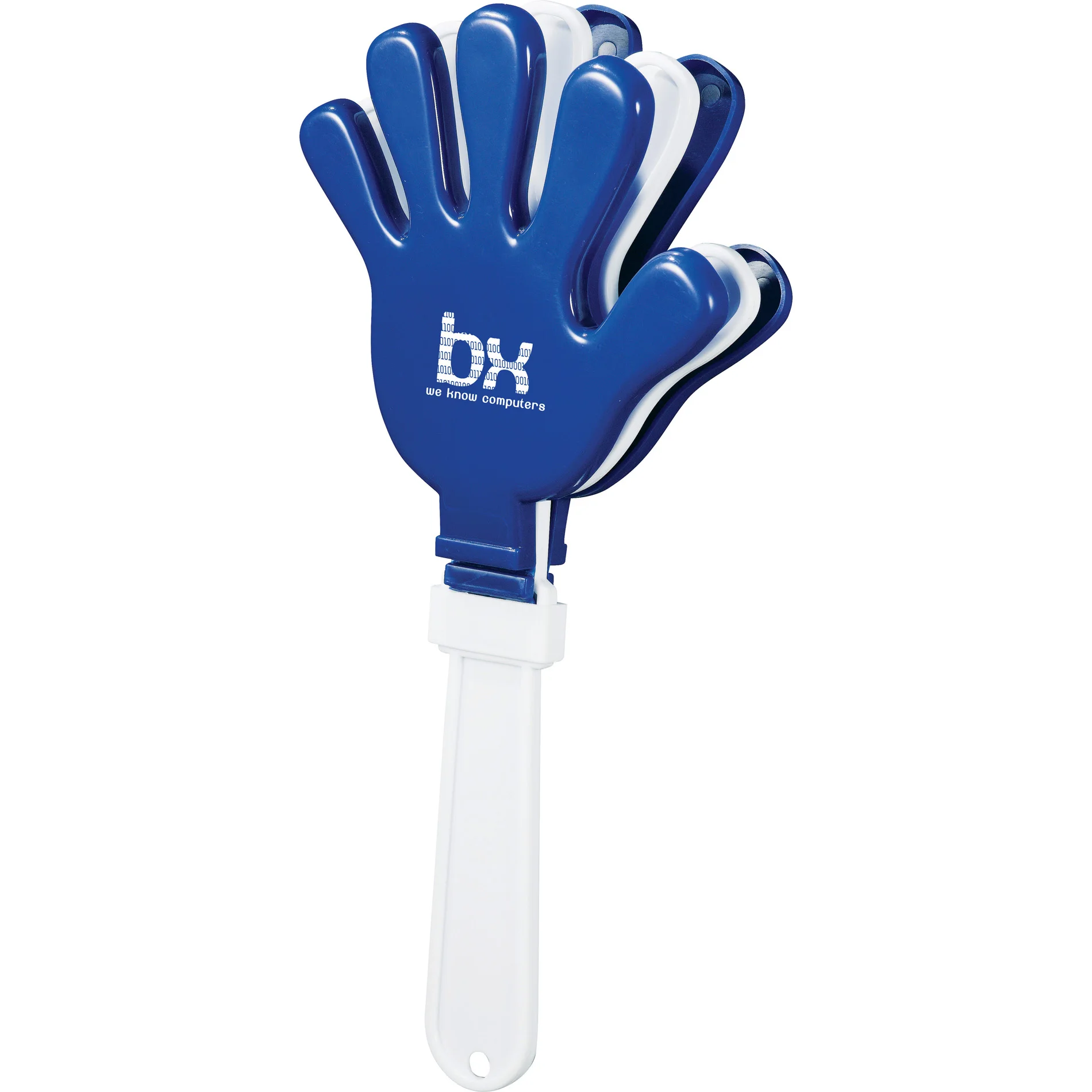 Kids popular gift white handle top advertising logo printed three finger splay shaped shaking cheering clapper noise maker toy