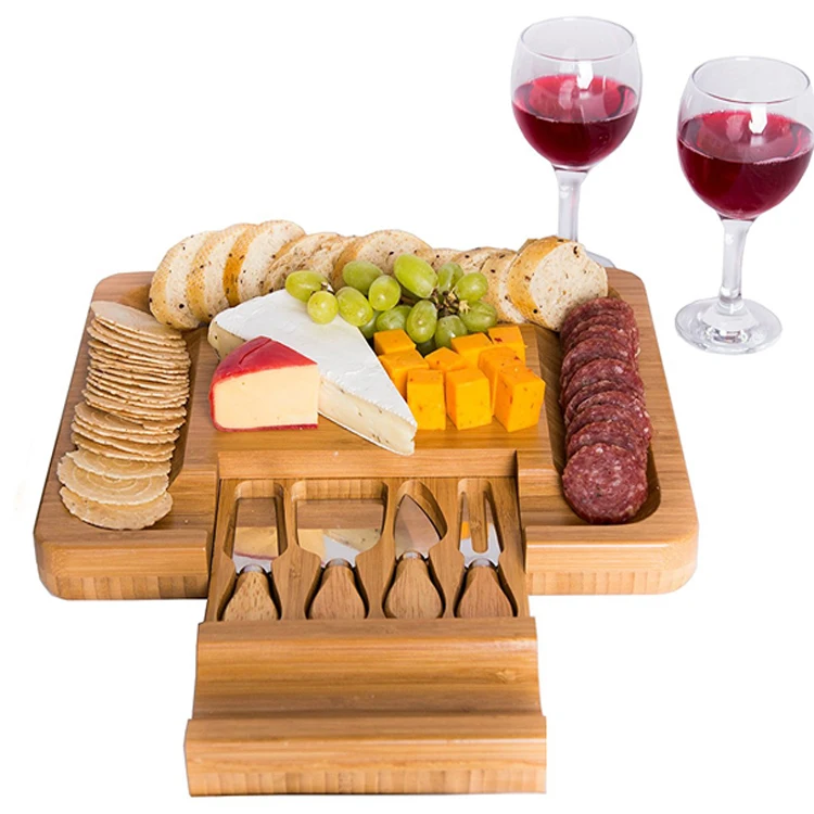 High quality wholesale bamboo cutting cheese board with 4 knives tools set