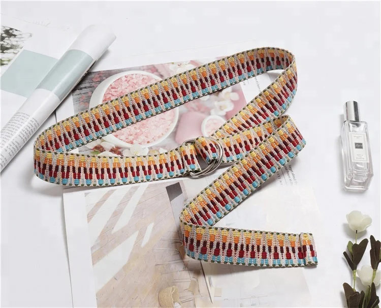 wholesale 2018 new fashion multi color ethnic canvas belts woven ladies long BF double ring belt women girdle