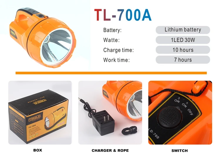 
TL-700A ( 1 LED 30W ) Lithium battery Rechargeable High quality cheap price outdoor handheld led powerful searchlight 
