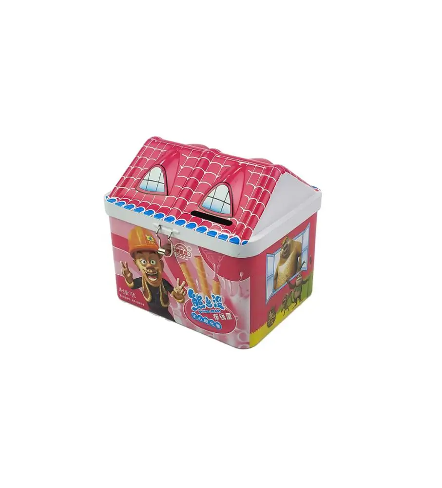 Promotional Luxury Tin Metal Cookies Toy Jelly Packing Irregular House Shape Tin Gift Box with Lock Girls Gift Package
