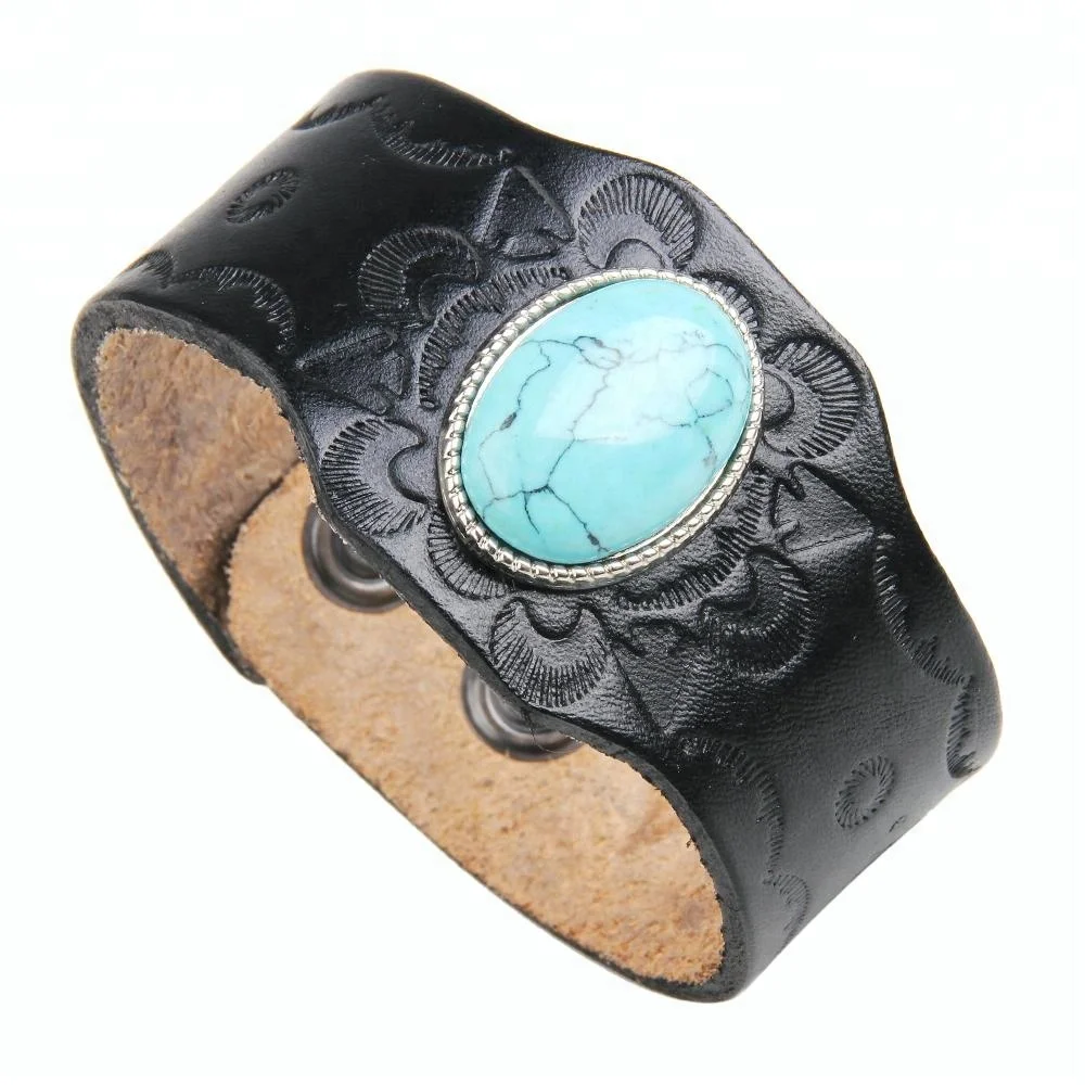 Vintage Turquoise Stone Engraved Wide Genuine Leather Cuff Bracelet Men