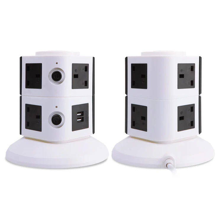 UK Type Multi Plug Tower Socket 5 Outlet 2 USB Port Power Strip Surge Protector With 13 Amp Overload Protector Individual Switch
