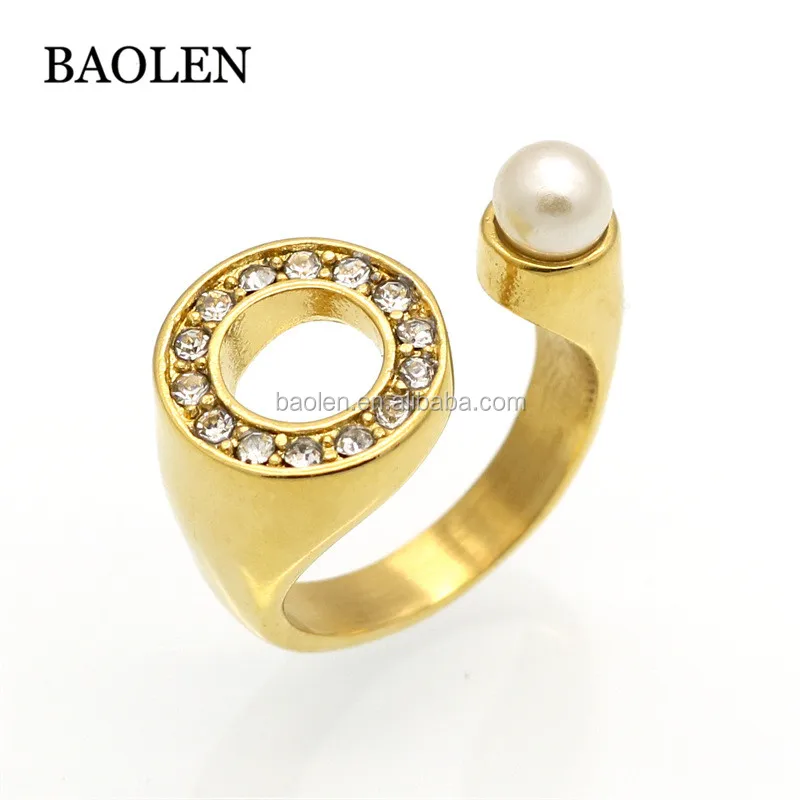 Gold Color Stainless Steel Imitation Pearl Ring For Women Anniversary Made Crystal Rings Brand Luxury Jewelry