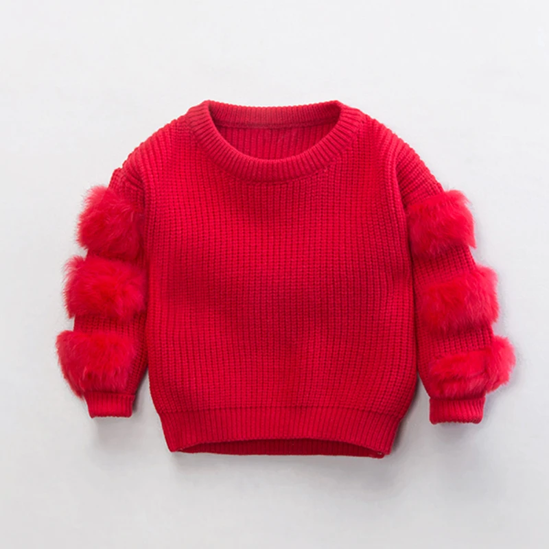 
Custom spring and autumn season solid color pullover long sleeve fur design top girls sweater 