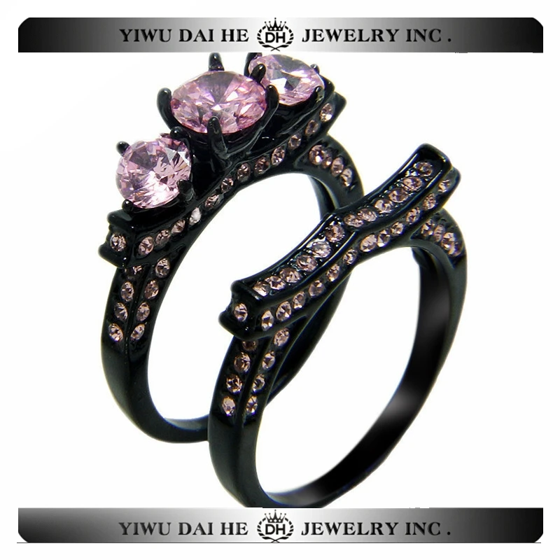 Daihe черный покрытием розовый циркон камень пару кольцо