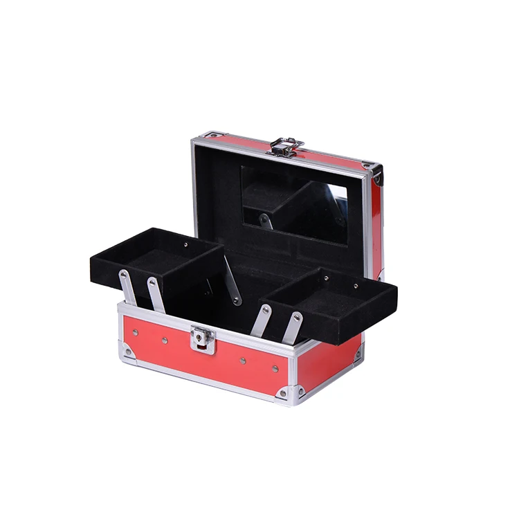 Locking Ladies Travel Makeup Trunk Case Red Cosmetic Organizer With Mirror High Quality Beauty Case