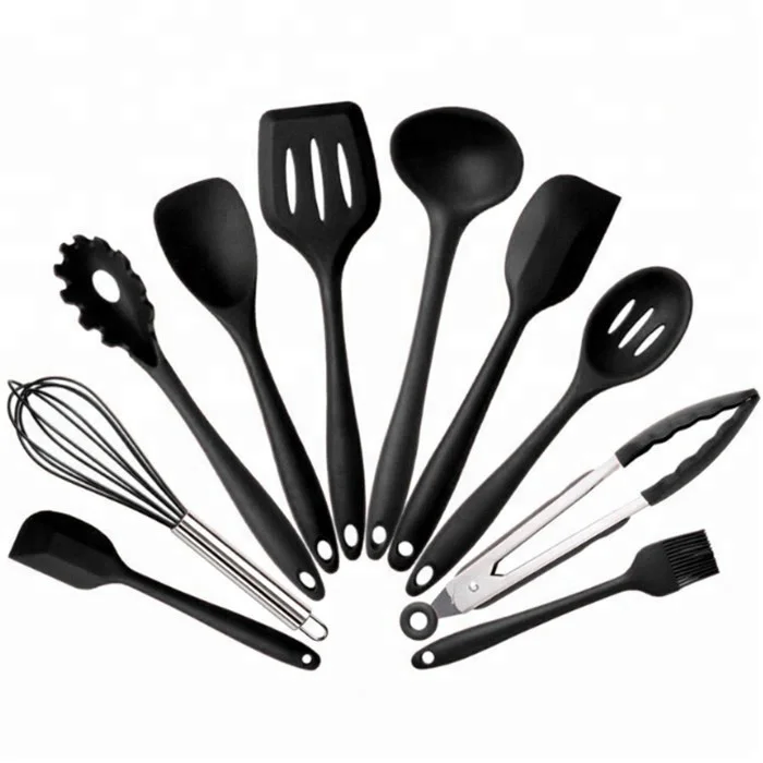 wholesale food grade silicone kitchen utensil set with box accept logo 10 piece black red silicone kitchen utensil