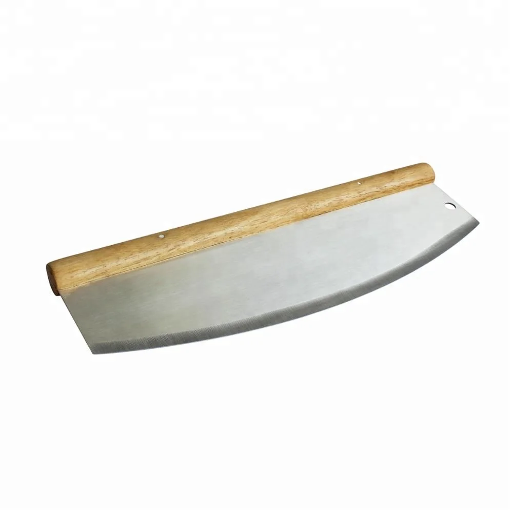 13.7 inch stainless steel rubber wood handle pizza cutter rocker knife with hanging hole on the blade