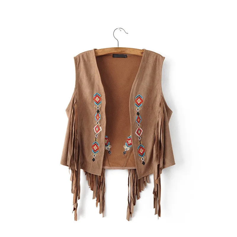 
women ethnic style ethical embroidery fake suede vest with fringes 