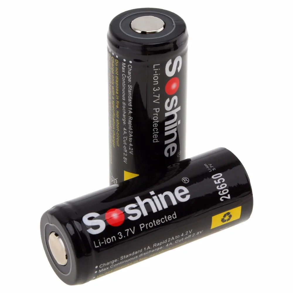 2 Pcs / Lot Soshine 26650 Battery 5500mAh 3.7V 26650 Protected Rechargeable Li-ion Batteries Cell PCB 26650 Battery