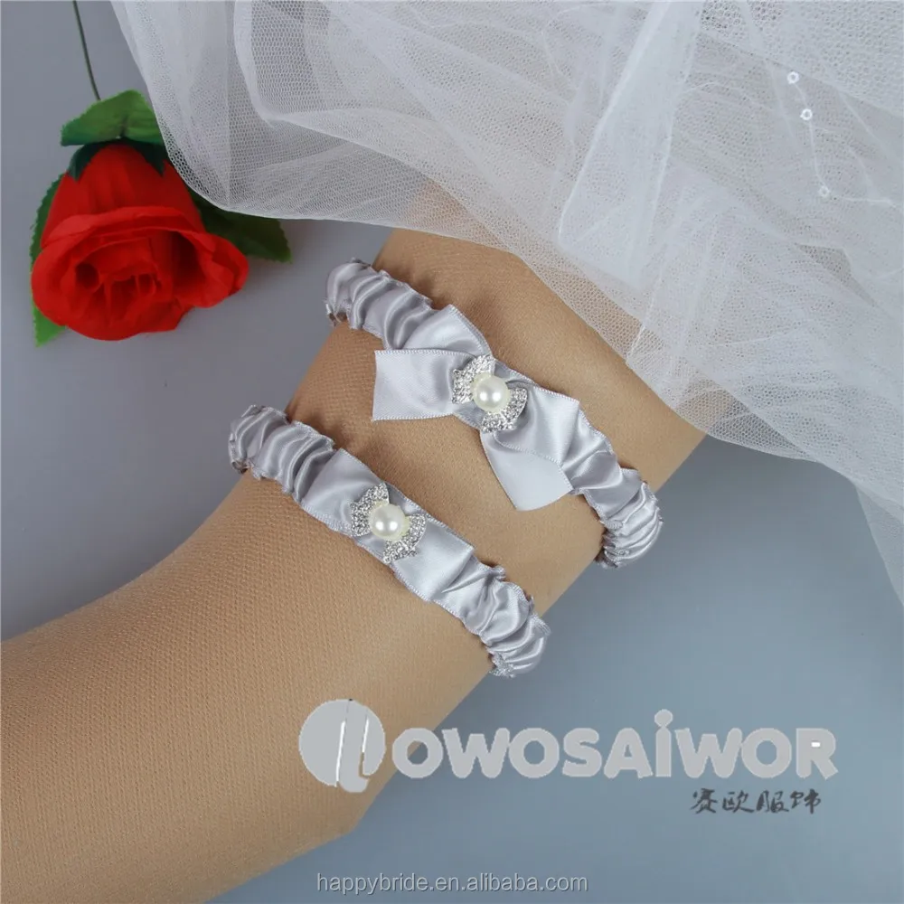 Handmade Vintage Gray Ribbon Elastic Bridal Lace Garter Belt Set HT0055