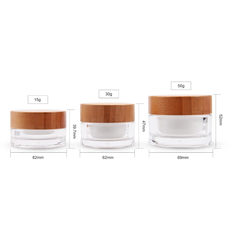 
acrylic plastic jars with bamboo lids,50g bamboo cosmetic jar,bamboo cosmetic packaging face cream jar 