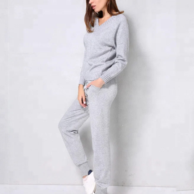 
B23248A Women stylish Knitted V neck sets sweater trousers clothing set 