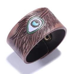 Vintage Adjustable Button Women Men Peacock Feather Printed Genuine Leather Cuff Bangles & Bracelets