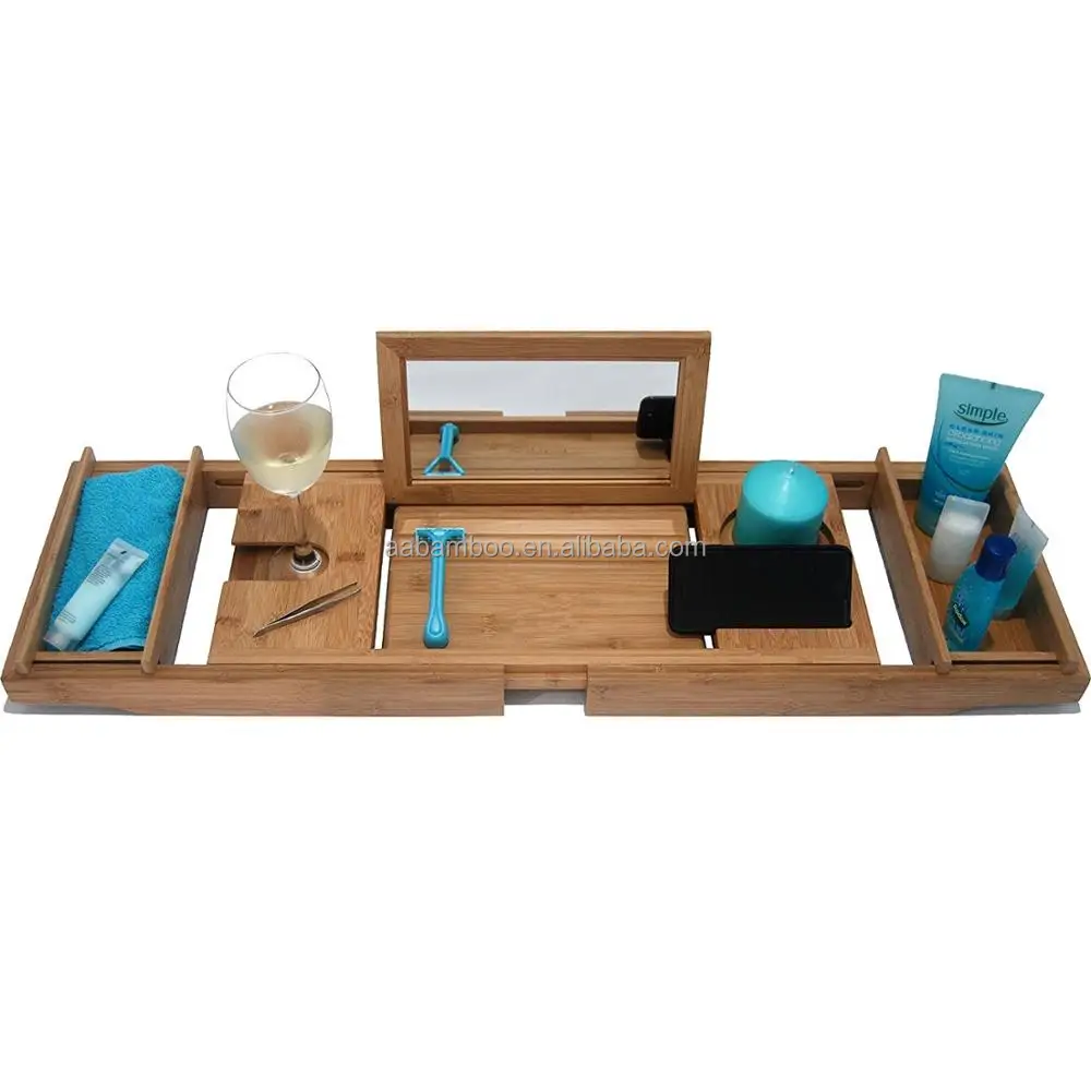 Bathtub Caddy with MIRROR with Extending Non Slip Sides, Wine Glass Holder, 2 Removable Storage Shelves