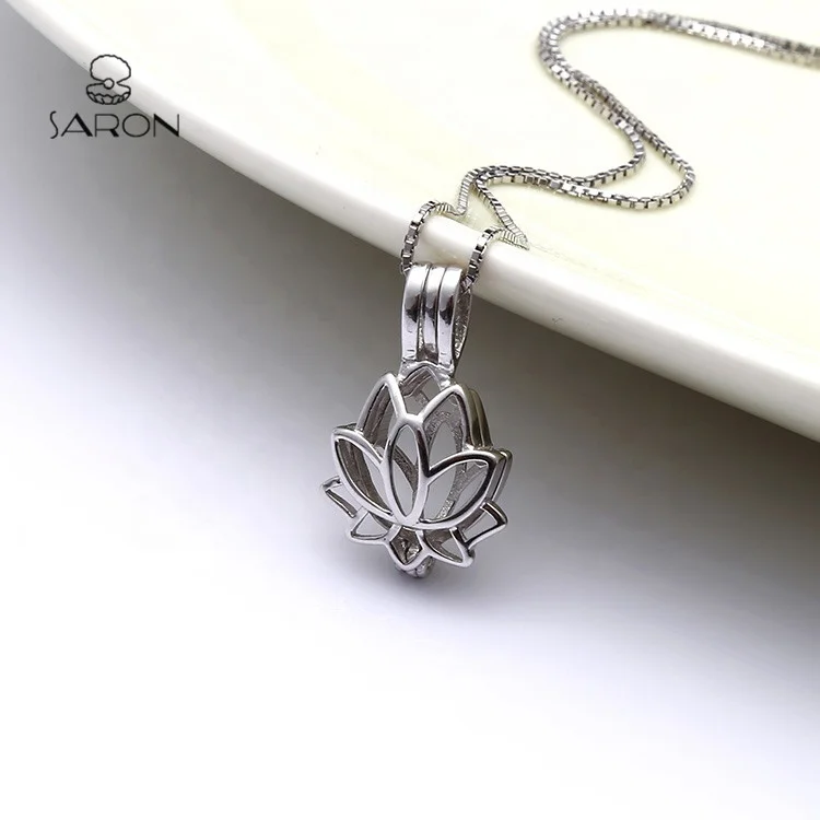 
Sharon Fashion Jewelry locket Sterling Silver Lotus Flower Blossom Bead Pearl Cage Pendant 