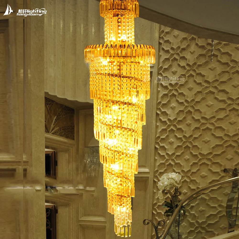 Modern staircase gold finish crystal chandelier indoor lighting with  long crystal chandelier for hotel flat