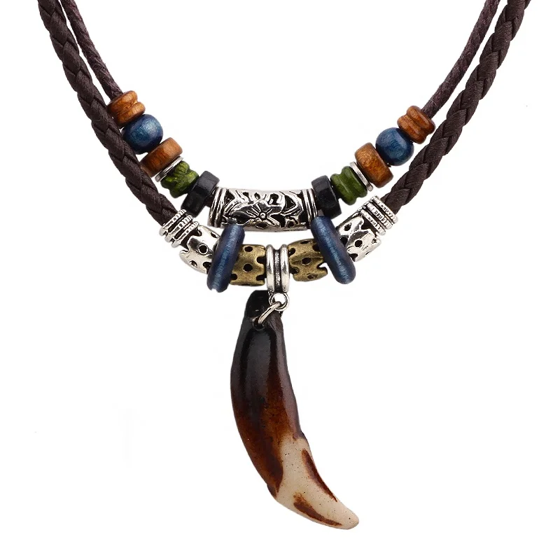 Vintage Ethnic Tribal Style Animal Tooth Shape Pendant Multiple Leather Choker Necklace Jewelry
