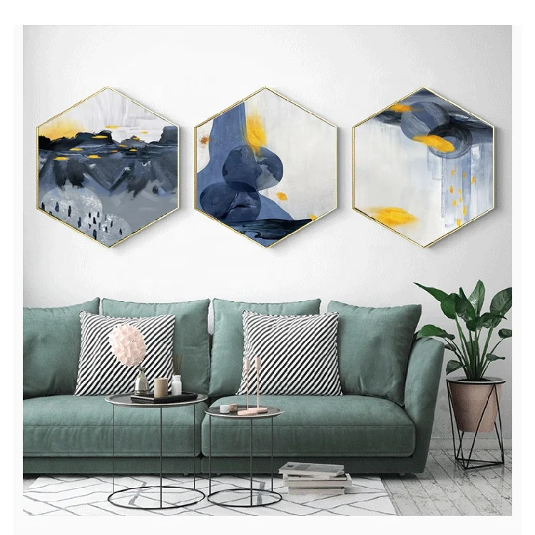 
abstract artwork giclee canvas painting with golden hexagon frame for bedroom 